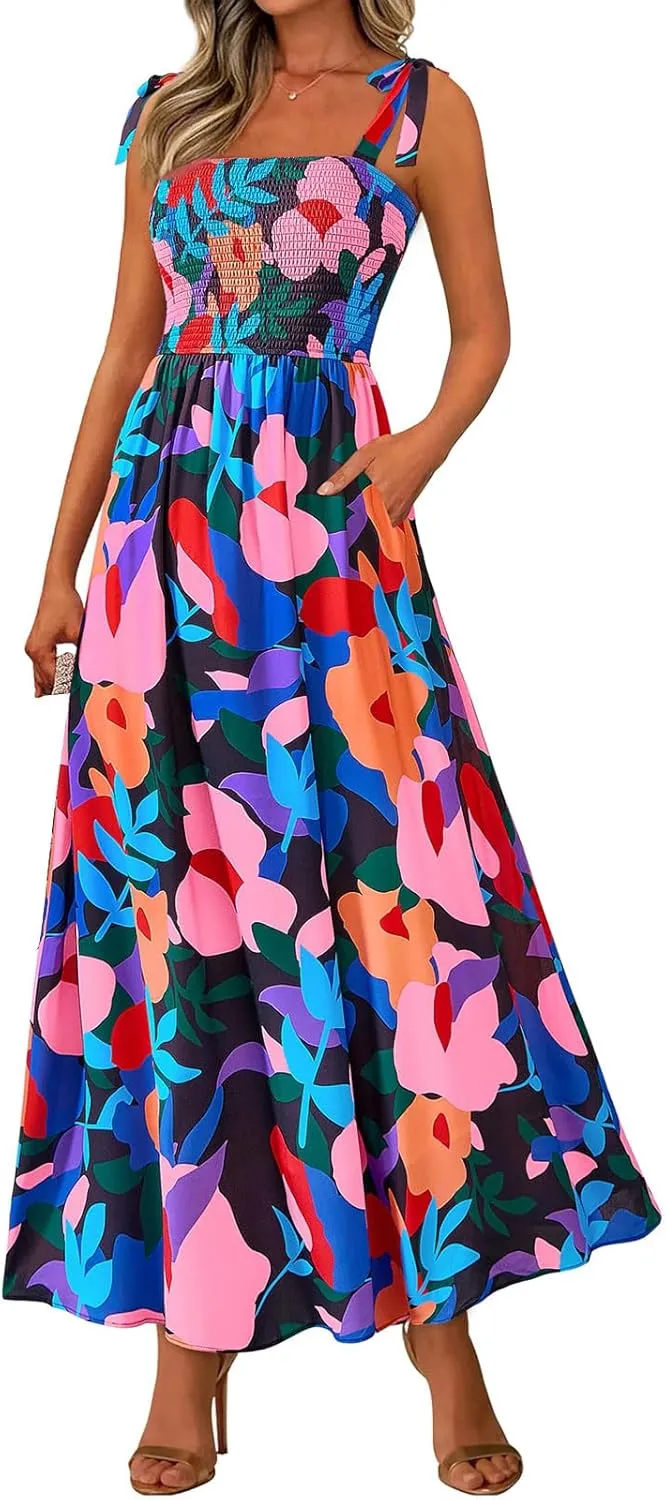 Women Summer Maxi Dress Trendy Floral Print Square Neck Strap Sleeveless Dresses Casual Tunic Pleated Beach Sundress