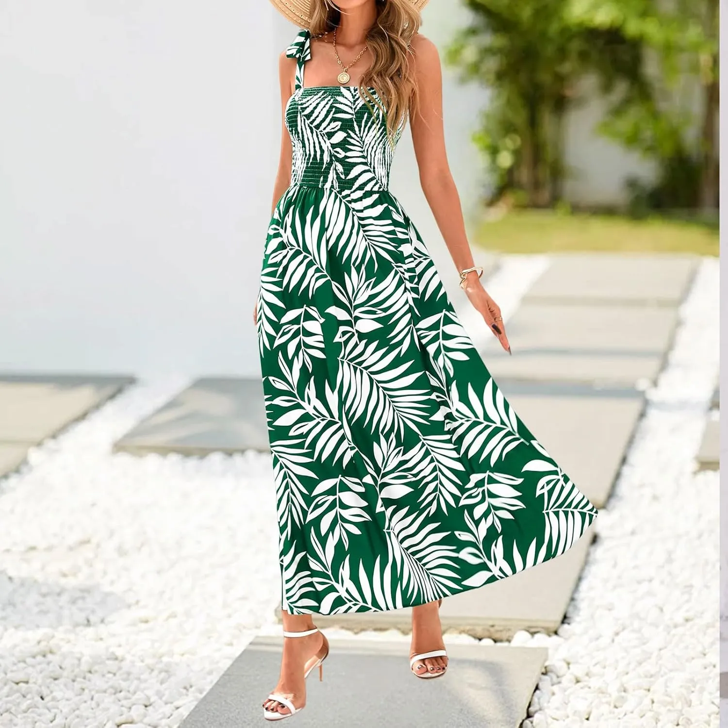 Women Summer Maxi Dress Trendy Floral Print Square Neck Strap Sleeveless Dresses Casual Tunic Pleated Beach Sundress