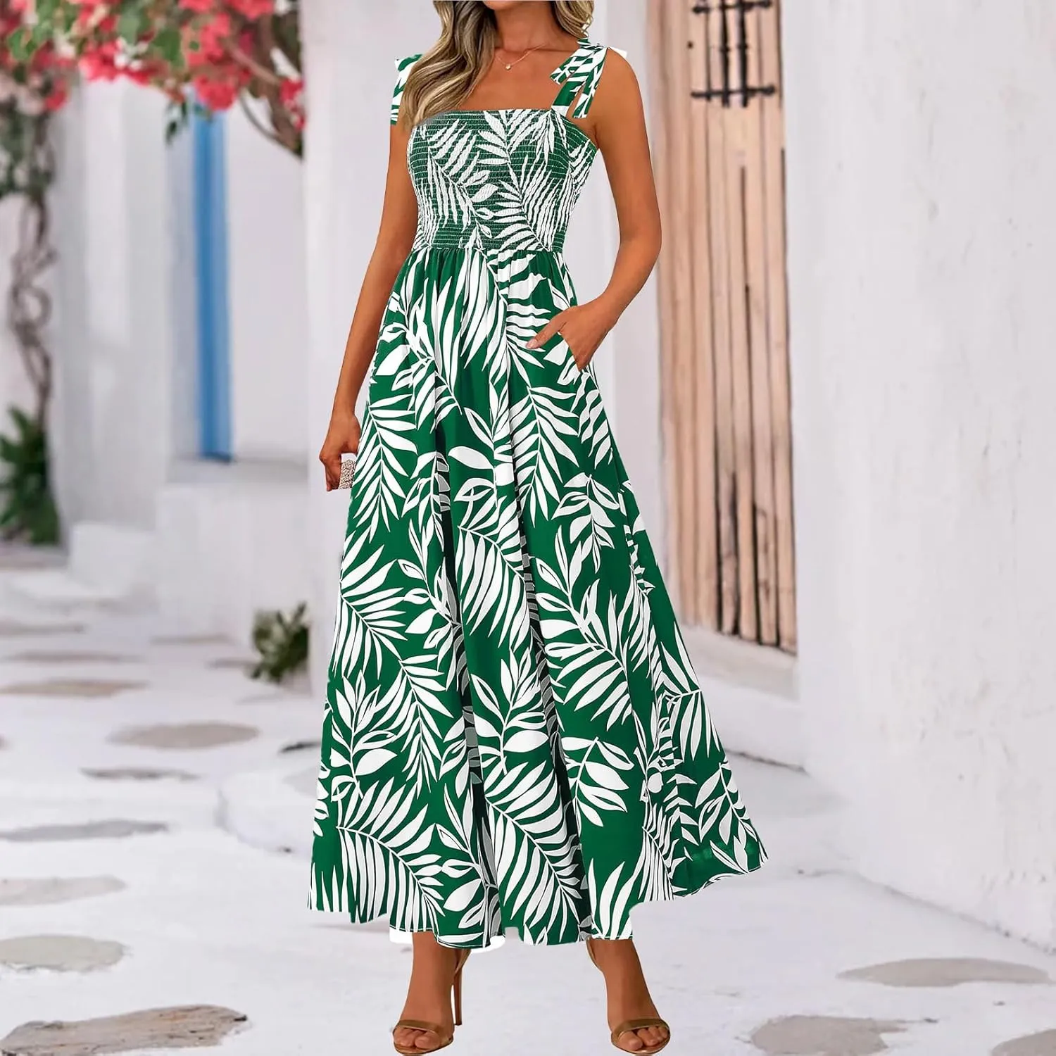 Women Summer Maxi Dress Trendy Floral Print Square Neck Strap Sleeveless Dresses Casual Tunic Pleated Beach Sundress