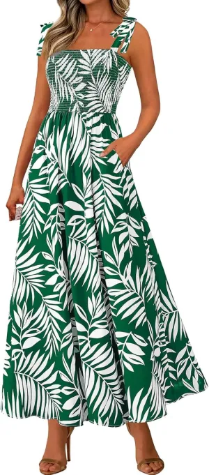 Women Summer Maxi Dress Trendy Floral Print Square Neck Strap Sleeveless Dresses Casual Tunic Pleated Beach Sundress
