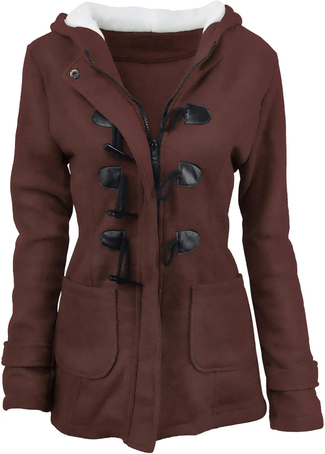 Women Trendy Horn Buttons Jackets Casual Fall Winter Coats Outwear Padded Hooded Parka Jacket Plain Overcoat