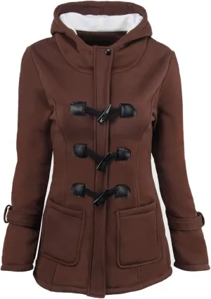 Women Trendy Horn Buttons Jackets Casual Fall Winter Coats Outwear Padded Hooded Parka Jacket Plain Overcoat