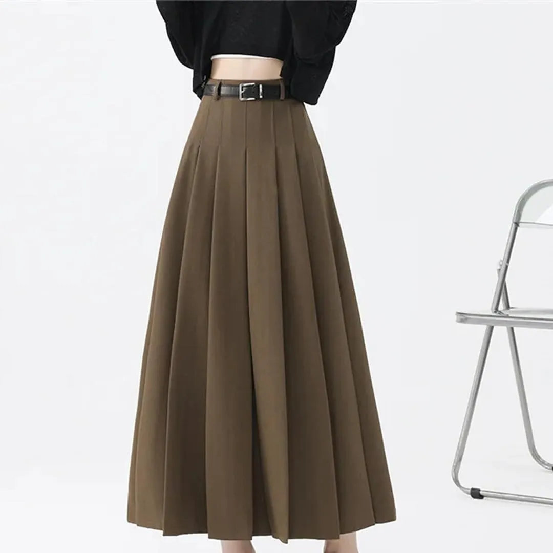 Women Vintage High Waist Pleated Skirts Fashion Office Long Skirts Casual A-Line Skirts