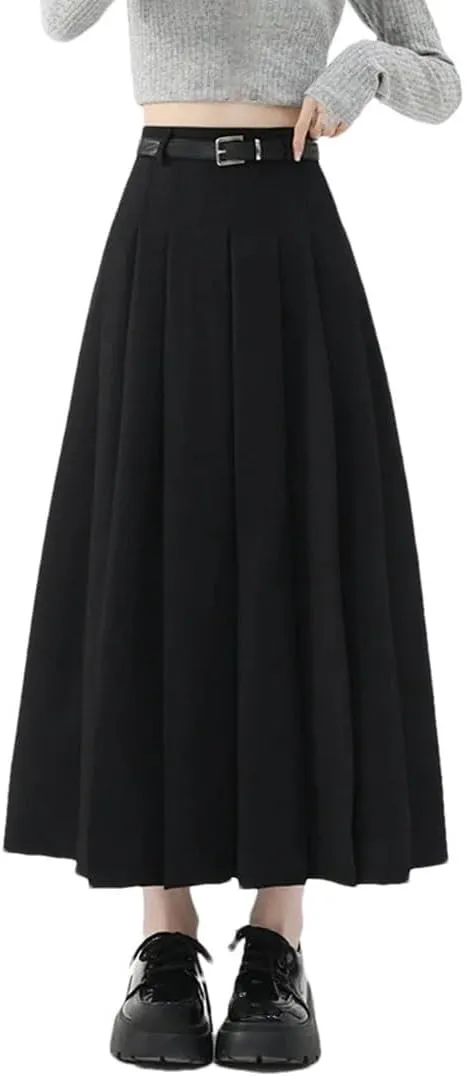 Women Vintage High Waist Pleated Skirts Fashion Office Long Skirts Casual A-Line Skirts