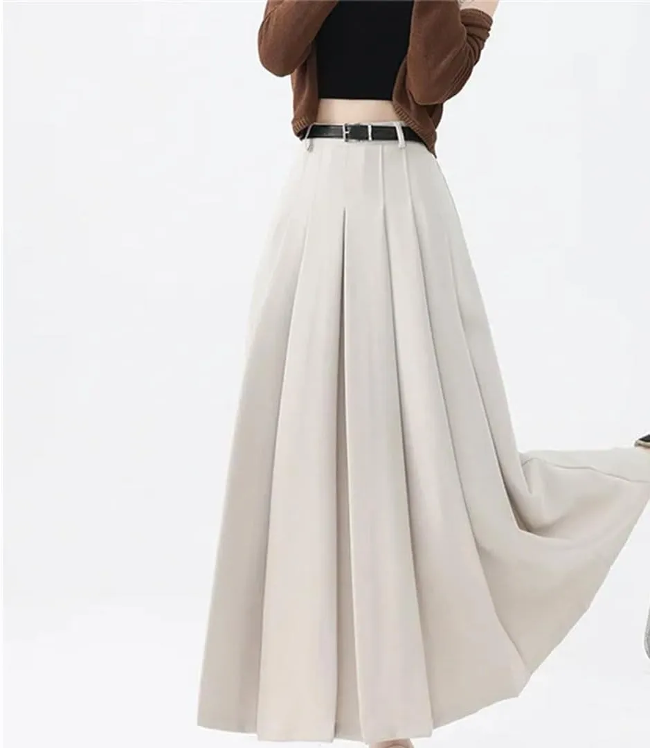 Women Vintage High Waist Pleated Skirts Fashion Office Long Skirts Casual A-Line Skirts