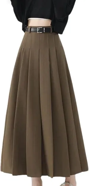 Women Vintage High Waist Pleated Skirts Fashion Office Long Skirts Casual A-Line Skirts