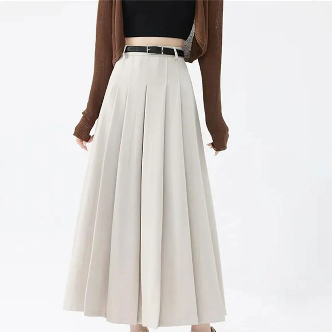 Women Vintage High Waist Pleated Skirts Fashion Office Long Skirts Casual A-Line Skirts