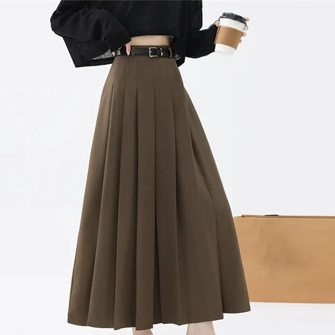 Women Vintage High Waist Pleated Skirts Fashion Office Long Skirts Casual A-Line Skirts