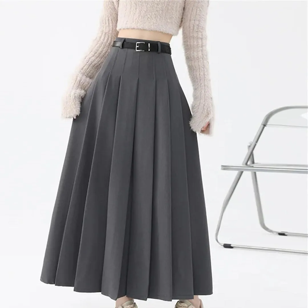 Women Vintage High Waist Pleated Skirts Fashion Office Long Skirts Casual A-Line Skirts