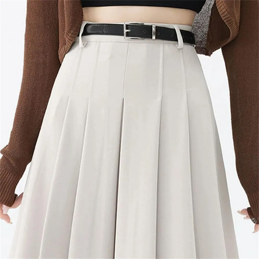 Women Vintage High Waist Pleated Skirts Fashion Office Long Skirts Casual A-Line Skirts