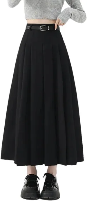 Women Vintage High Waist Pleated Skirts Fashion Office Long Skirts Casual A-Line Skirts