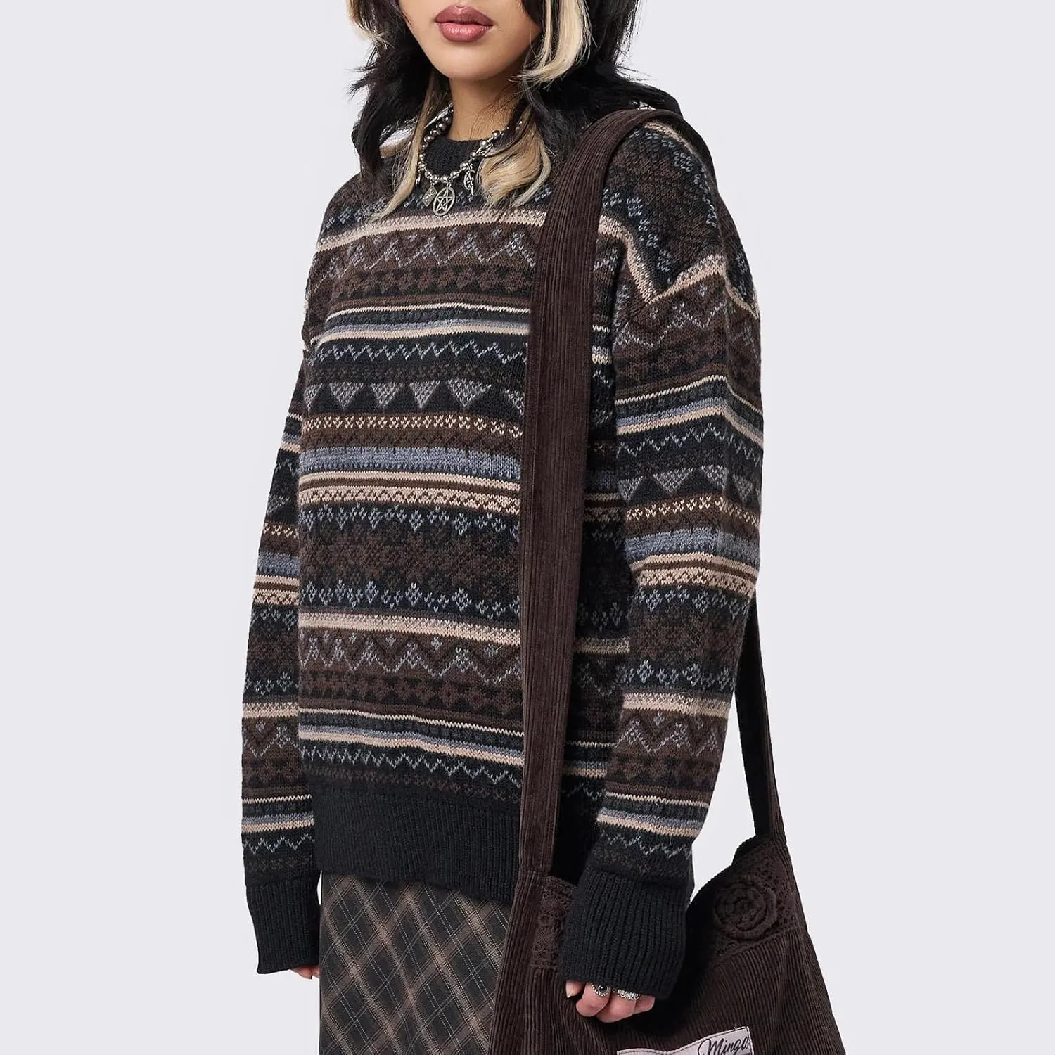 Women Vintage Striped Pullover Sweater Y2k Long Sleeve Crew Neck Loose Knit Sweaters Fall Winter Knitwear