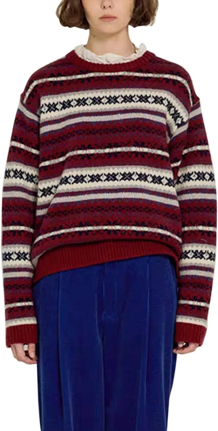 Women Vintage Striped Pullover Sweater Y2k Long Sleeve Crew Neck Loose Knit Sweaters Fall Winter Knitwear