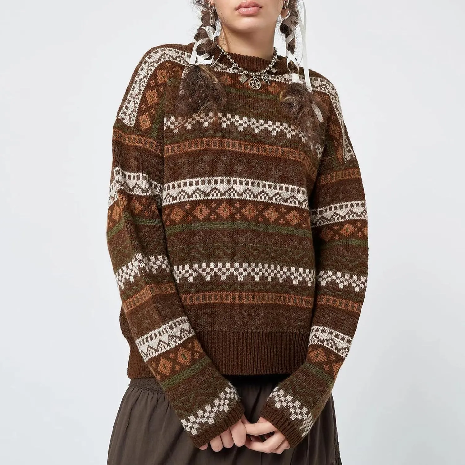 Women Vintage Striped Pullover Sweater Y2k Long Sleeve Crew Neck Loose Knit Sweaters Fall Winter Knitwear
