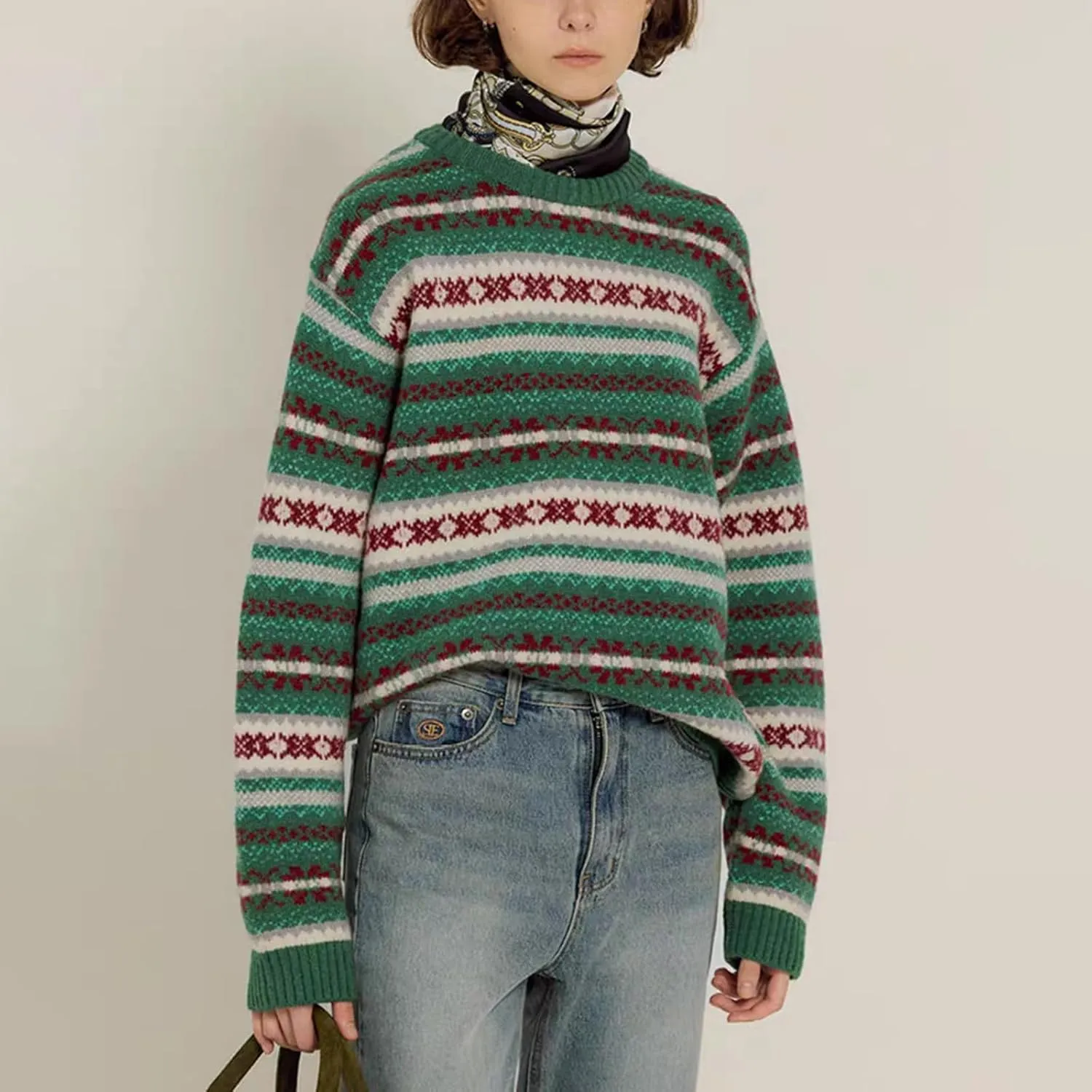 Women Vintage Striped Pullover Sweater Y2k Long Sleeve Crew Neck Loose Knit Sweaters Fall Winter Knitwear