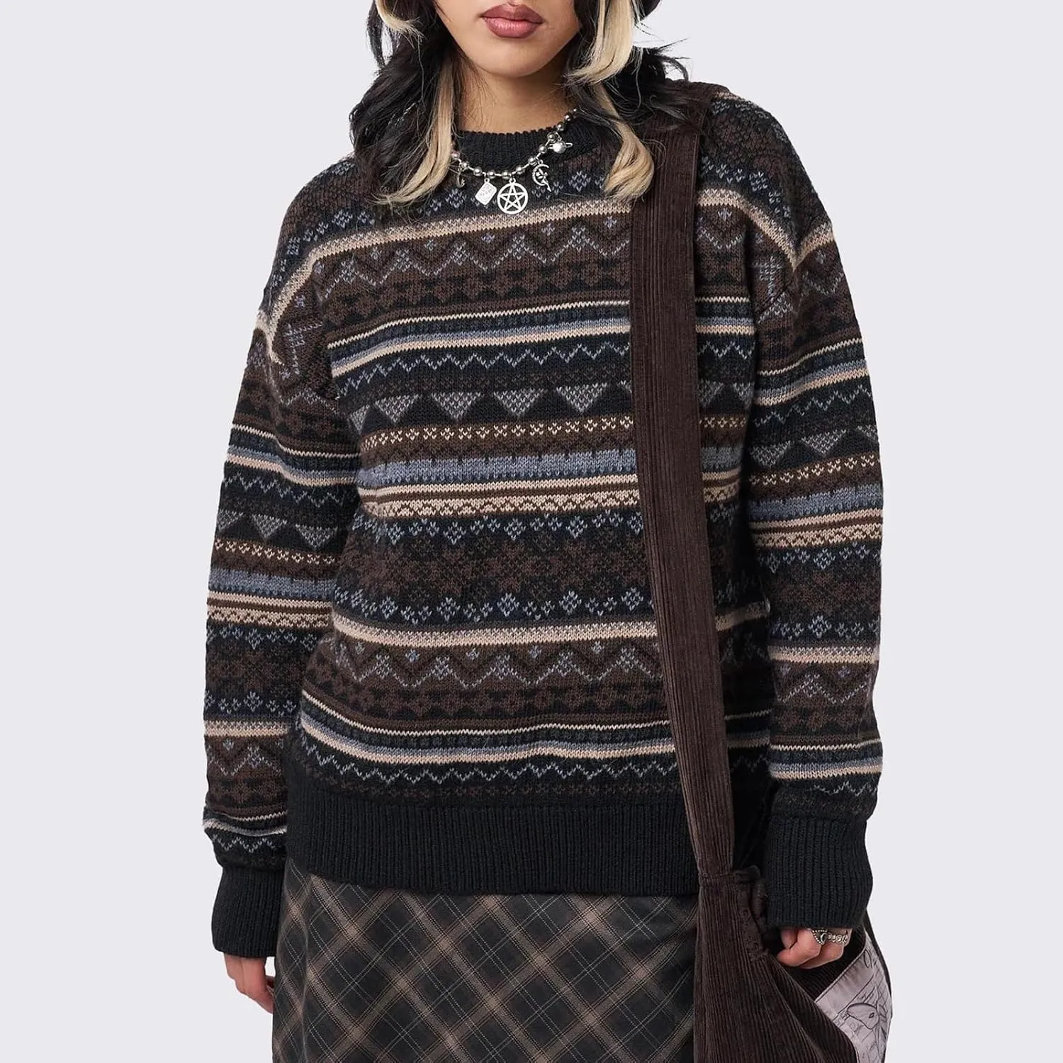 Women Vintage Striped Pullover Sweater Y2k Long Sleeve Crew Neck Loose Knit Sweaters Fall Winter Knitwear
