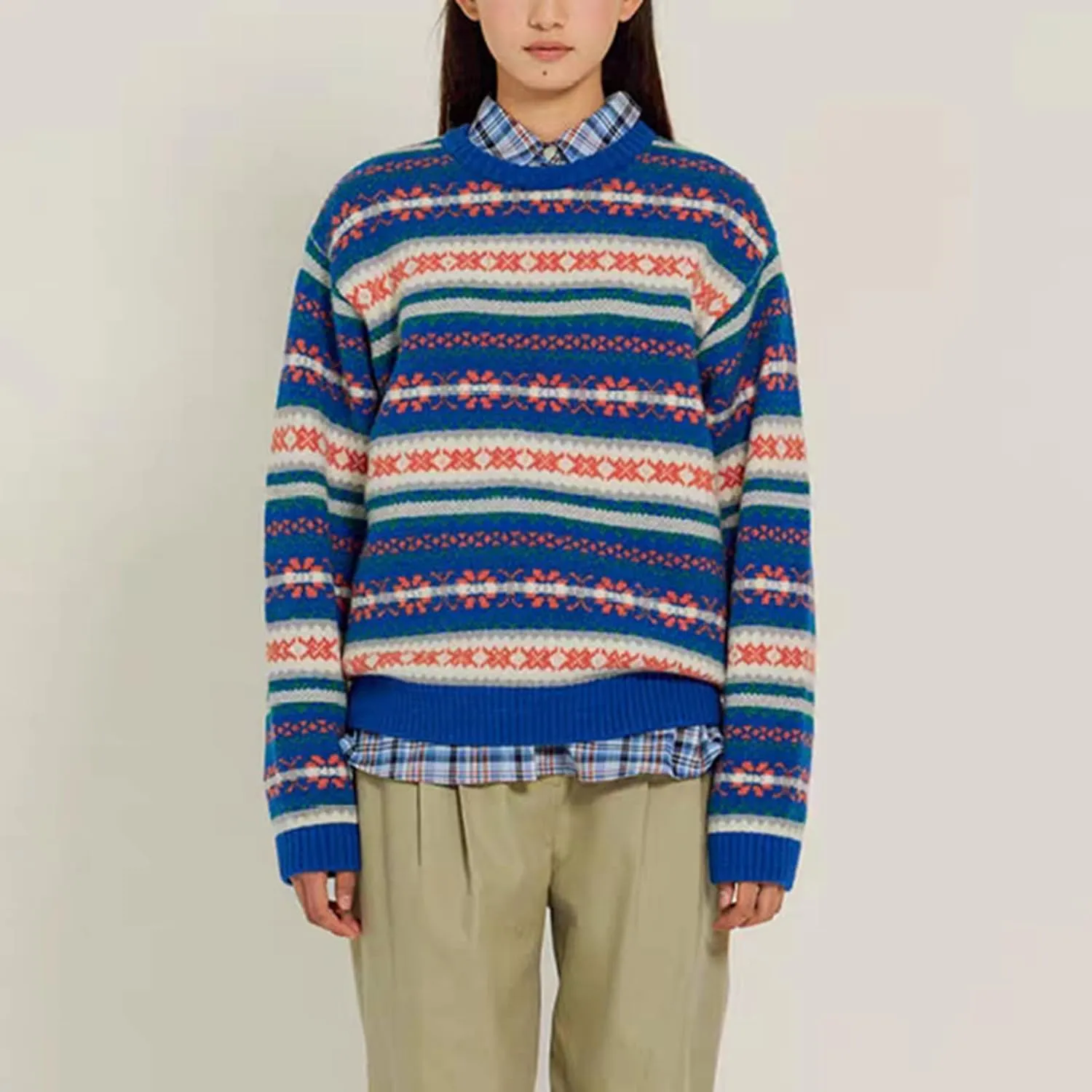 Women Vintage Striped Pullover Sweater Y2k Long Sleeve Crew Neck Loose Knit Sweaters Fall Winter Knitwear
