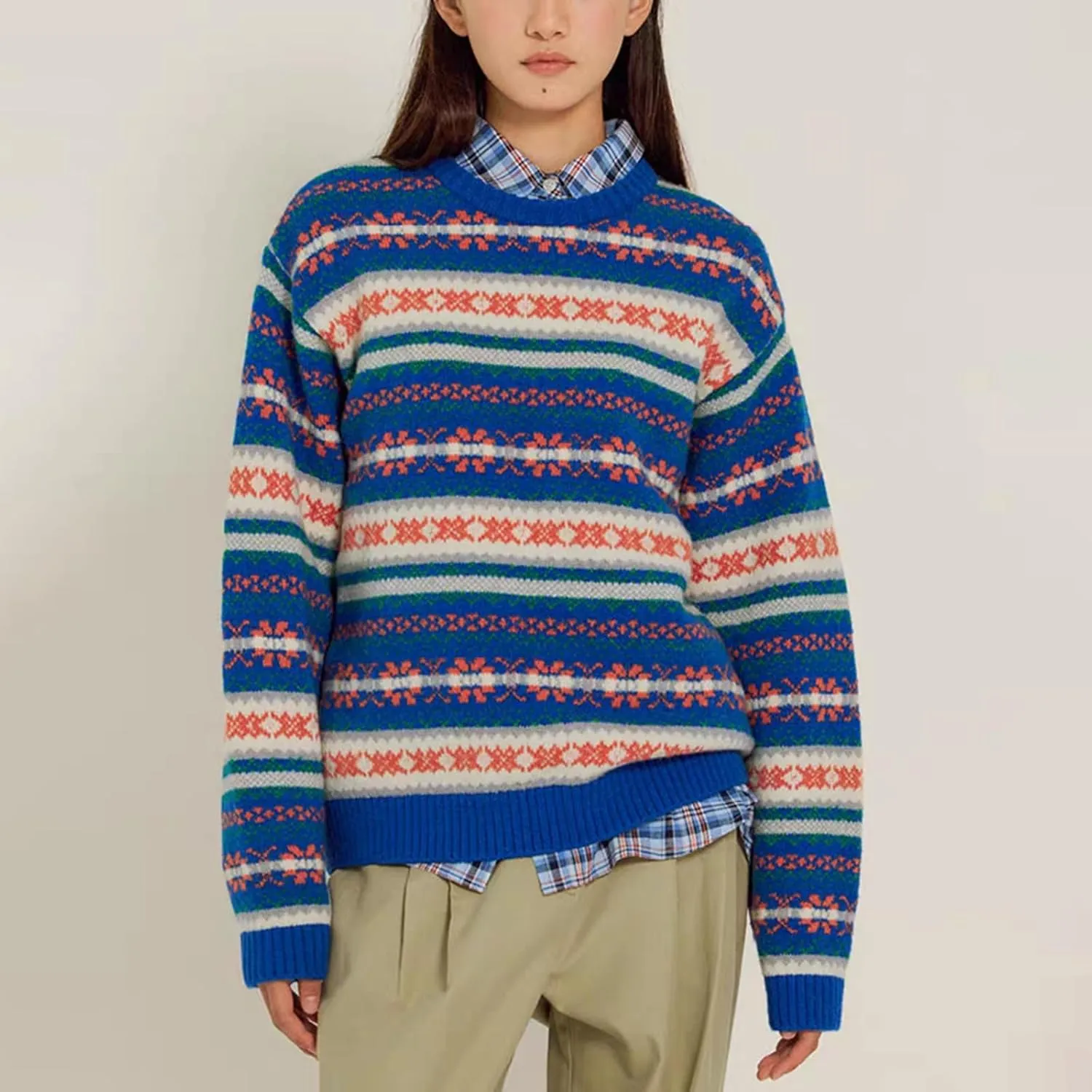 Women Vintage Striped Pullover Sweater Y2k Long Sleeve Crew Neck Loose Knit Sweaters Fall Winter Knitwear