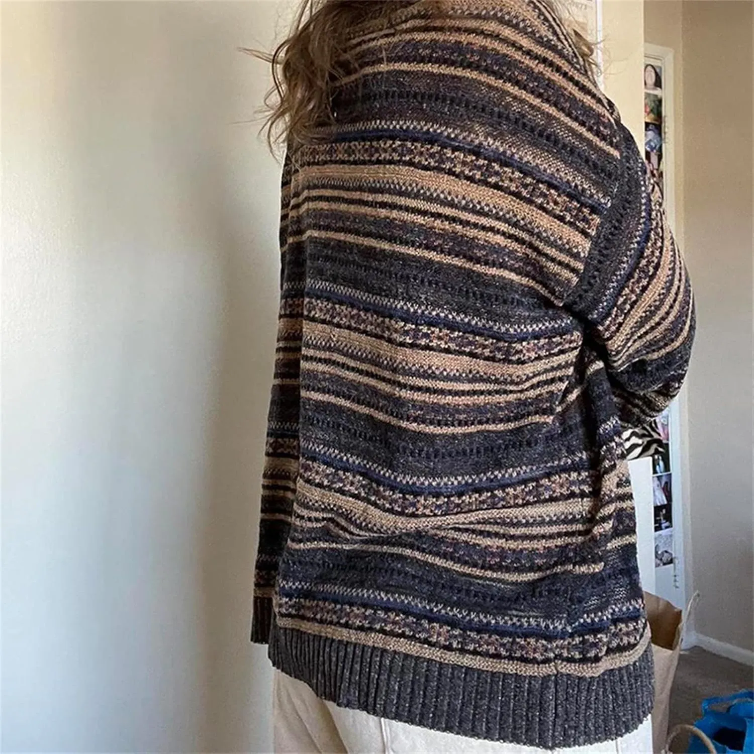 Women Vintage Striped Pullover Sweater Y2k Long Sleeve Crew Neck Loose Knit Sweaters Fall Winter Knitwear