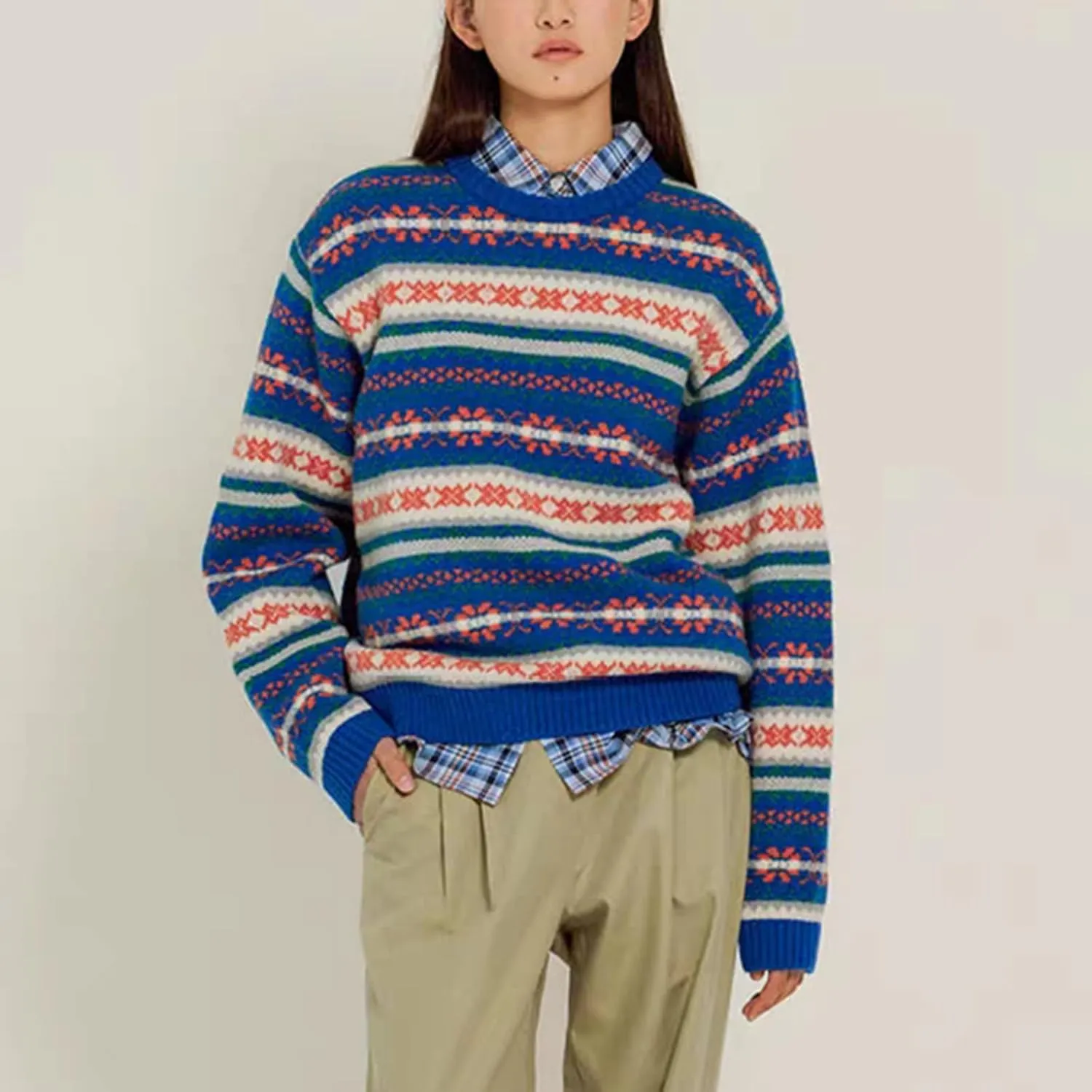 Women Vintage Striped Pullover Sweater Y2k Long Sleeve Crew Neck Loose Knit Sweaters Fall Winter Knitwear