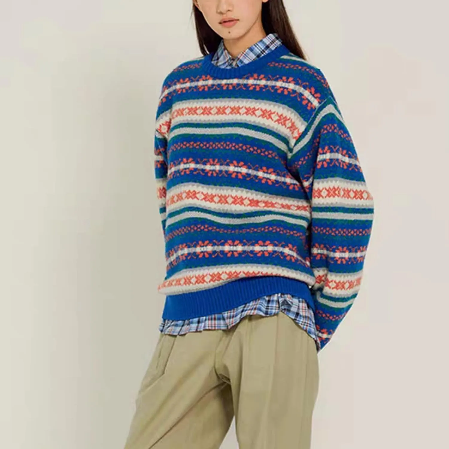 Women Vintage Striped Pullover Sweater Y2k Long Sleeve Crew Neck Loose Knit Sweaters Fall Winter Knitwear
