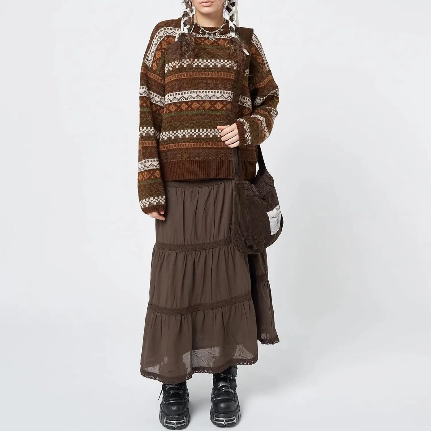 Women Vintage Striped Pullover Sweater Y2k Long Sleeve Crew Neck Loose Knit Sweaters Fall Winter Knitwear