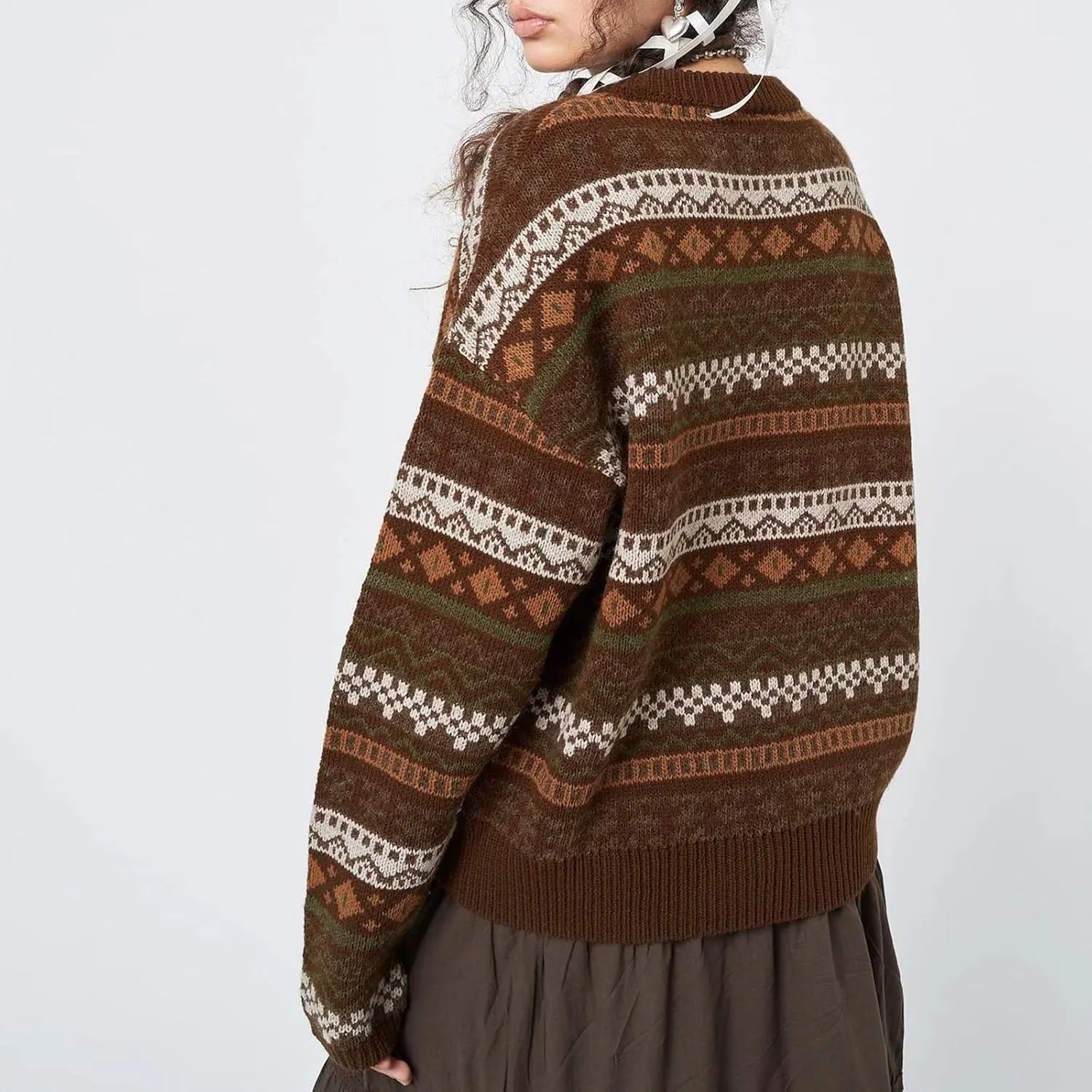Women Vintage Striped Pullover Sweater Y2k Long Sleeve Crew Neck Loose Knit Sweaters Fall Winter Knitwear