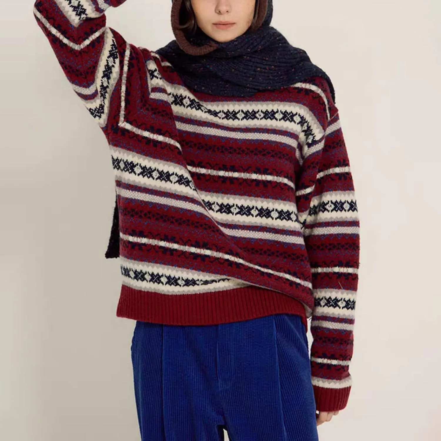 Women Vintage Striped Pullover Sweater Y2k Long Sleeve Crew Neck Loose Knit Sweaters Fall Winter Knitwear