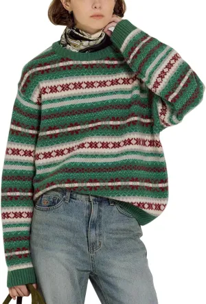 Women Vintage Striped Pullover Sweater Y2k Long Sleeve Crew Neck Loose Knit Sweaters Fall Winter Knitwear