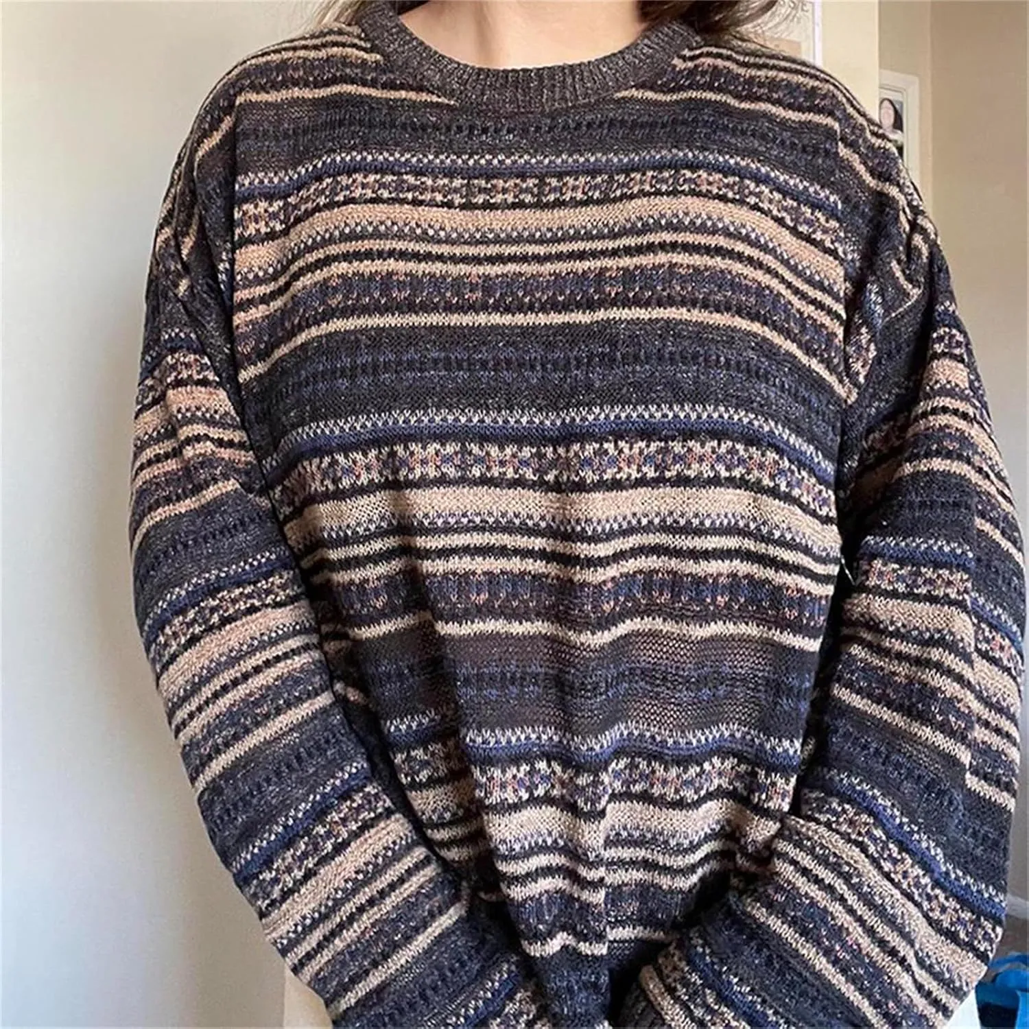 Women Vintage Striped Pullover Sweater Y2k Long Sleeve Crew Neck Loose Knit Sweaters Fall Winter Knitwear