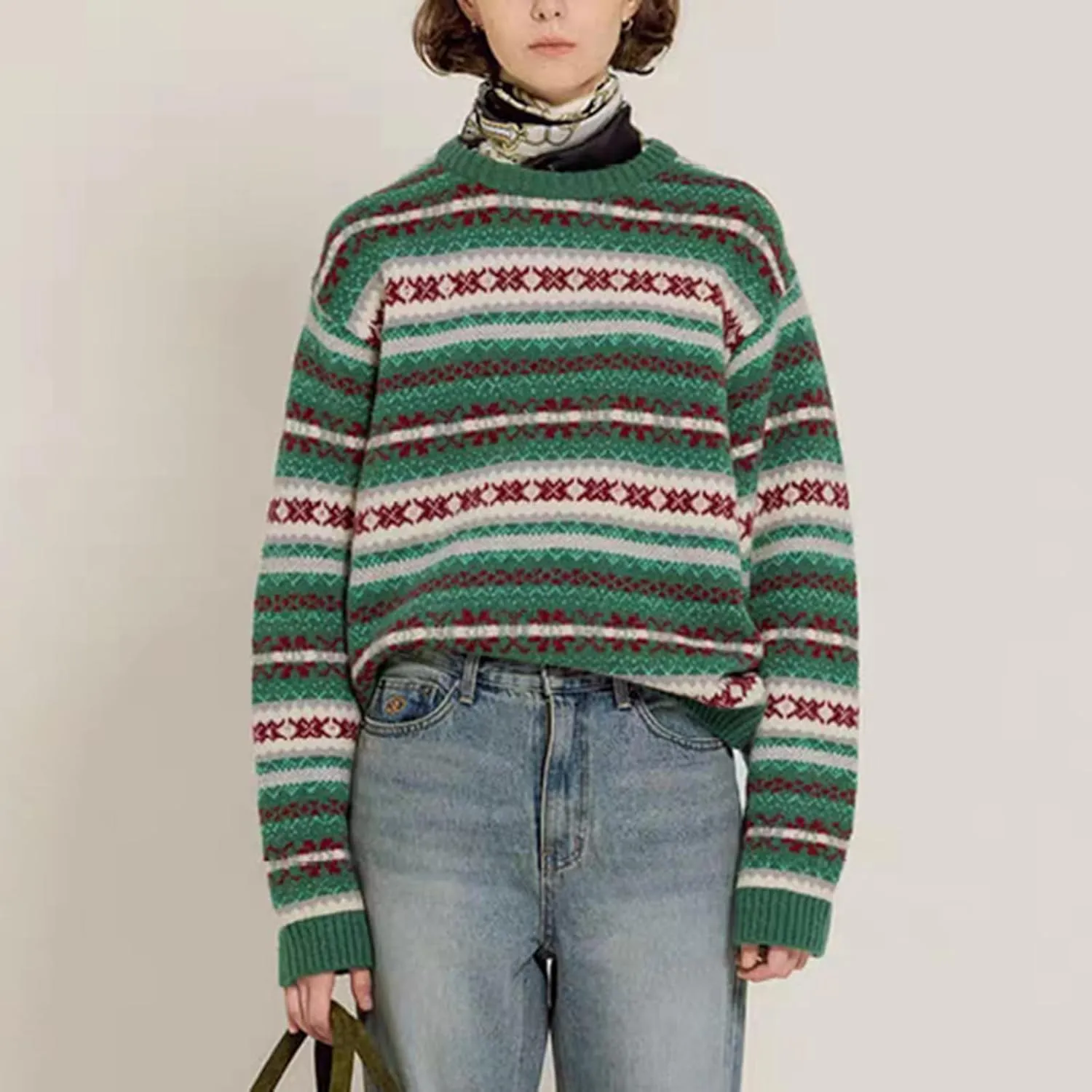 Women Vintage Striped Pullover Sweater Y2k Long Sleeve Crew Neck Loose Knit Sweaters Fall Winter Knitwear