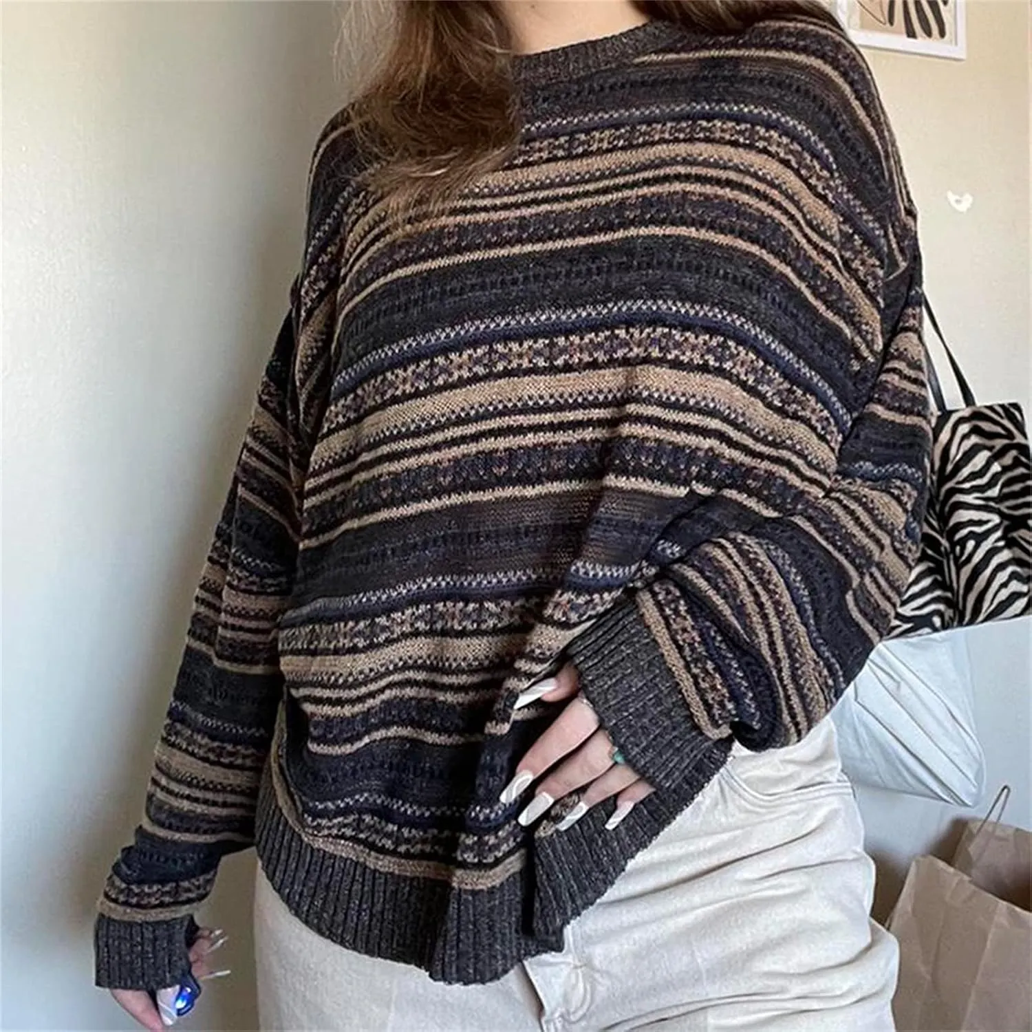 Women Vintage Striped Pullover Sweater Y2k Long Sleeve Crew Neck Loose Knit Sweaters Fall Winter Knitwear