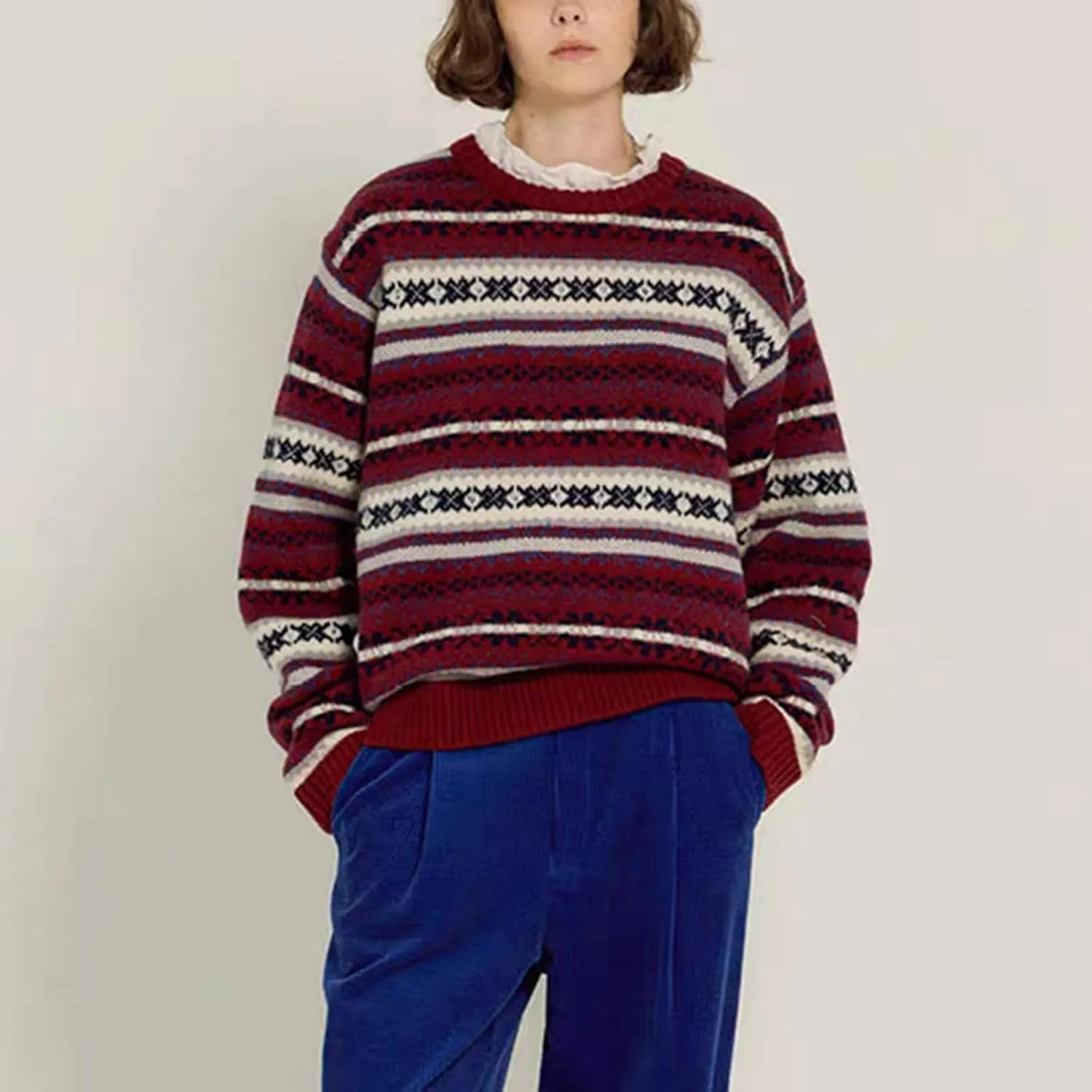 Women Vintage Striped Pullover Sweater Y2k Long Sleeve Crew Neck Loose Knit Sweaters Fall Winter Knitwear