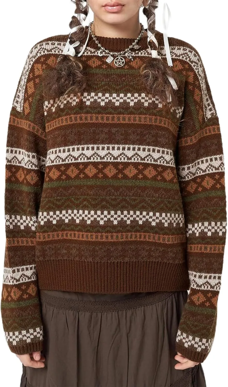 Women Vintage Striped Pullover Sweater Y2k Long Sleeve Crew Neck Loose Knit Sweaters Fall Winter Knitwear