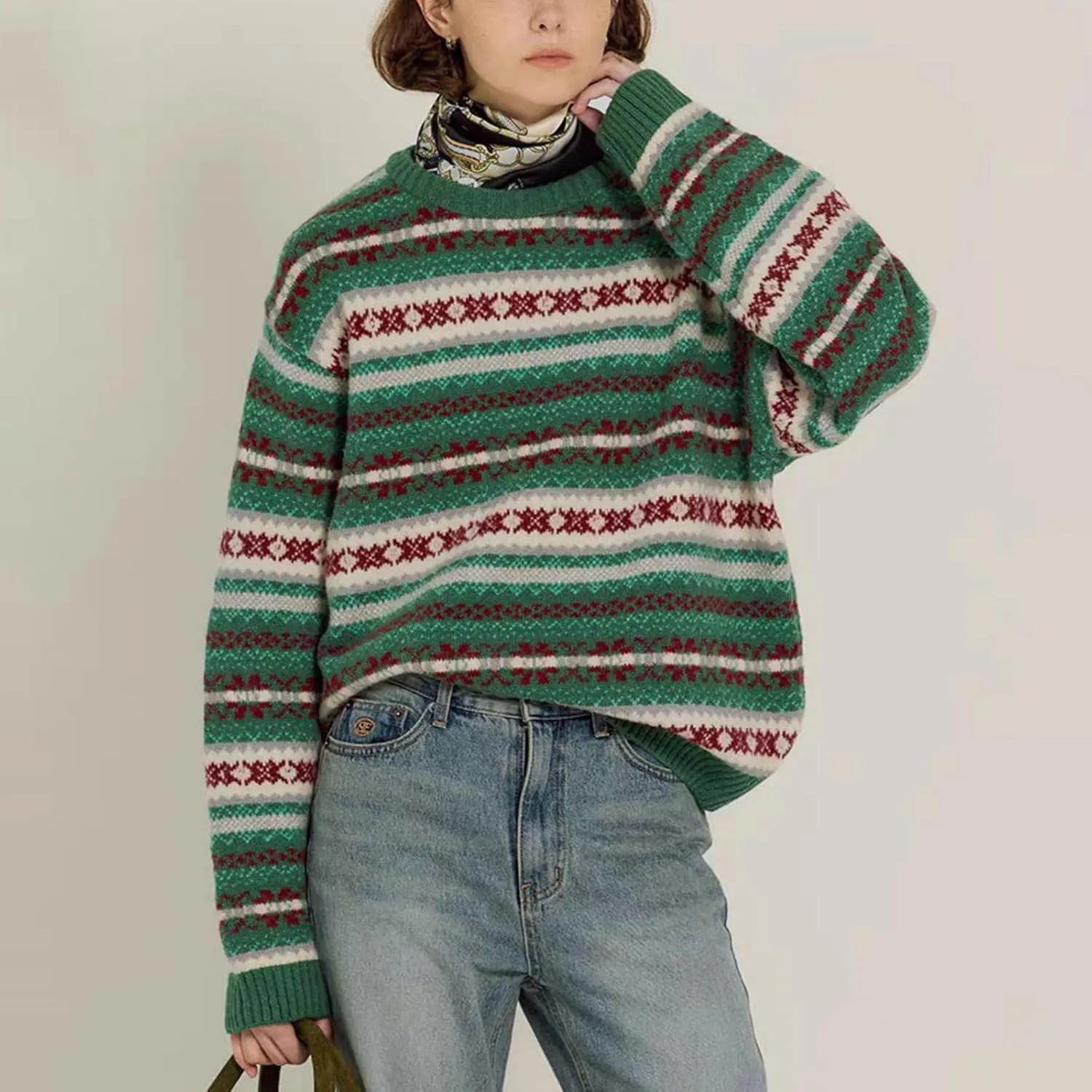 Women Vintage Striped Pullover Sweater Y2k Long Sleeve Crew Neck Loose Knit Sweaters Fall Winter Knitwear