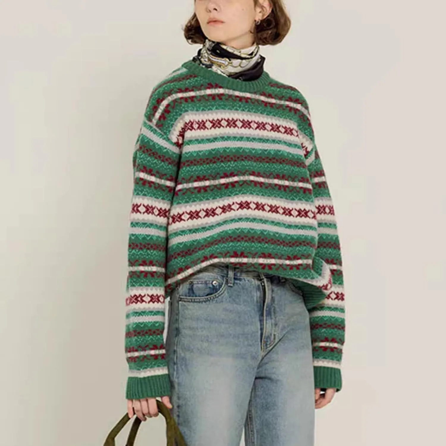 Women Vintage Striped Pullover Sweater Y2k Long Sleeve Crew Neck Loose Knit Sweaters Fall Winter Knitwear
