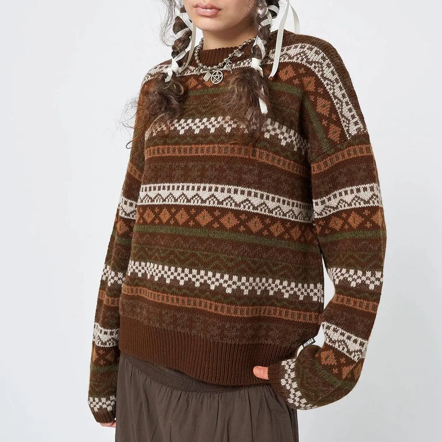 Women Vintage Striped Pullover Sweater Y2k Long Sleeve Crew Neck Loose Knit Sweaters Fall Winter Knitwear