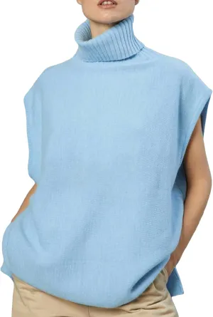 Women Vintage Turtleneck Sweater Vest Oversized Mock High Neck Knitted Gilet Casual Sleeveless Knitwear