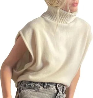 Women Vintage Turtleneck Sweater Vest Oversized Mock High Neck Knitted Gilet Casual Sleeveless Knitwear