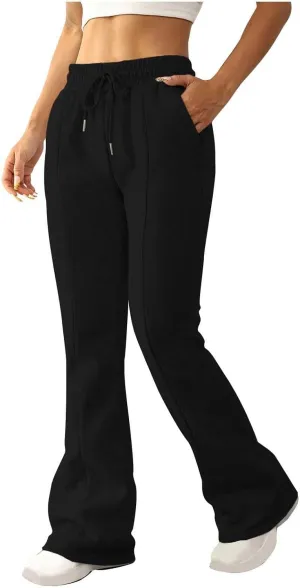 Women Wide Leg Sweatpants Bell Bottom Flare Leg Sweatpants Winter Fleece Lined Jogger Pant Lounge Athletic Pants