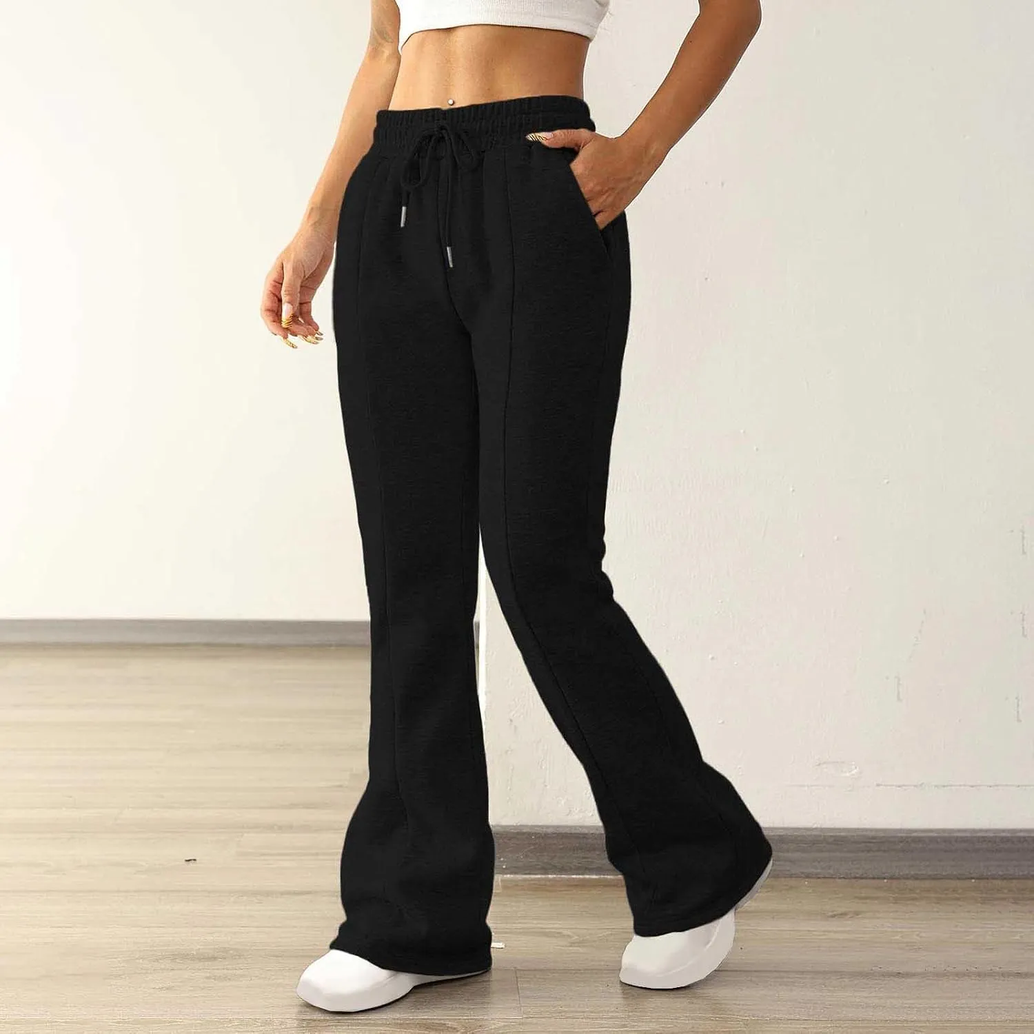 Women Wide Leg Sweatpants Bell Bottom Flare Leg Sweatpants Winter Fleece Lined Jogger Pant Lounge Athletic Pants