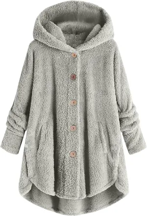 Women Winter Plush Coats Plus Size Button Hooded Cardigan Coat Loose Casual Outerwear Fleece Wool Jacket
