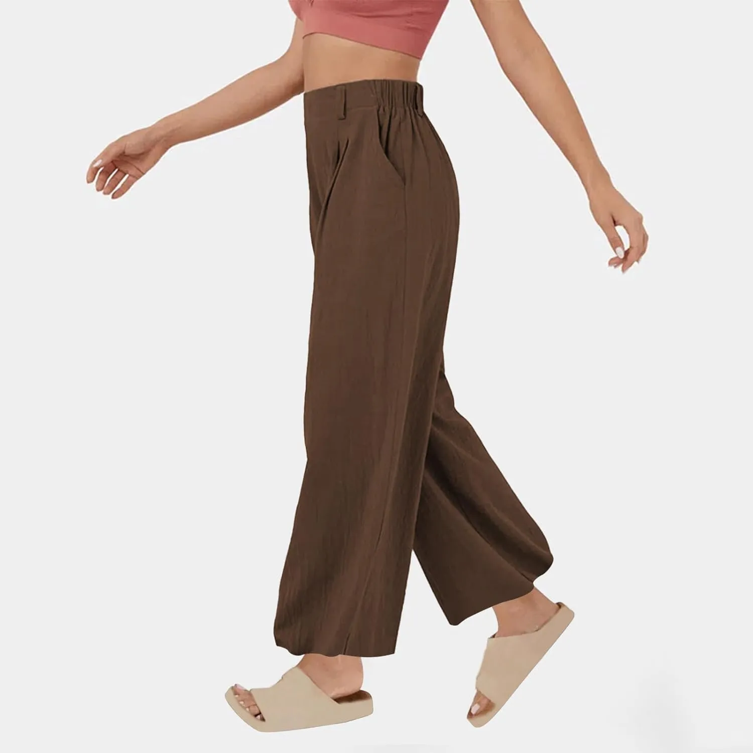 Women Work Pants Elastic High Waist Straight Leg Cotton Linen Pant Business Casual Dressy Trousers Slacks with Pocket