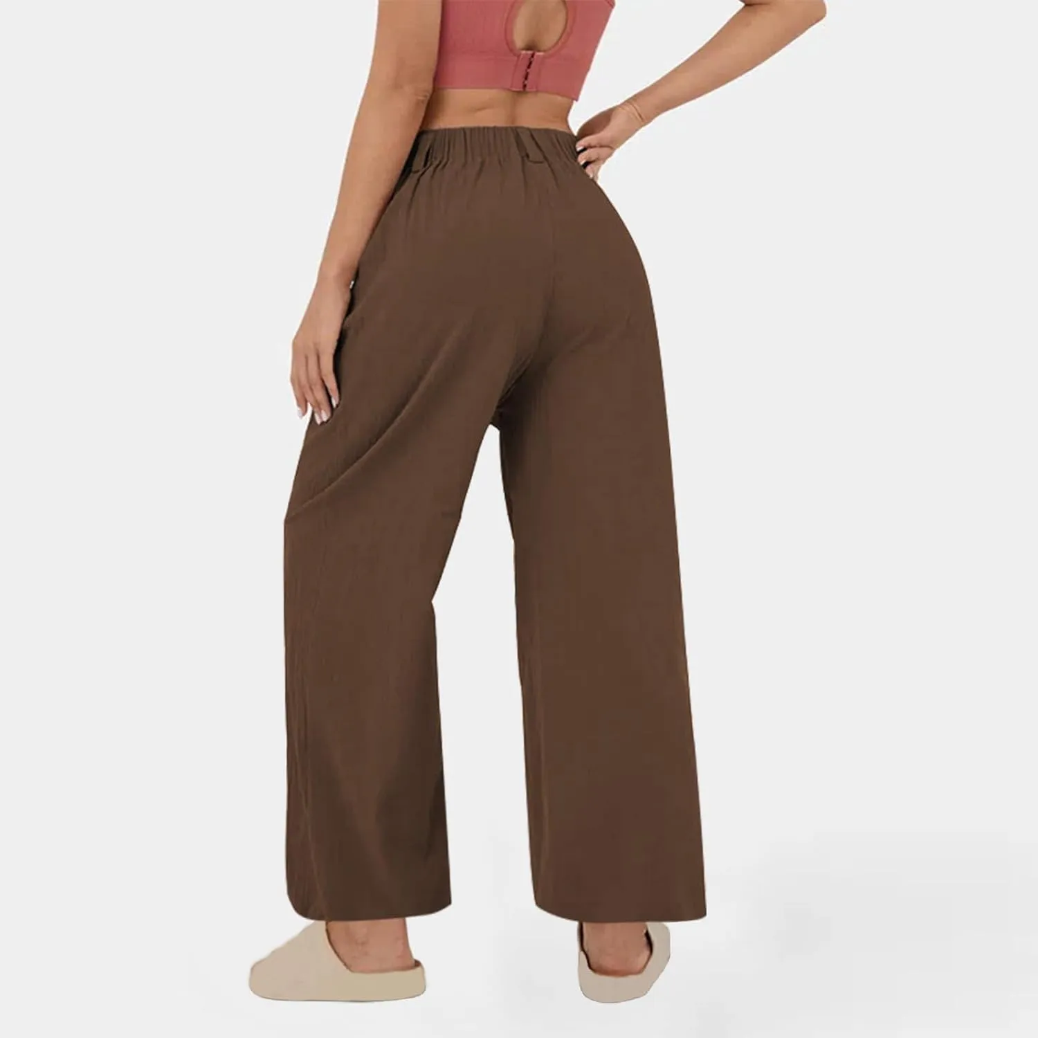Women Work Pants Elastic High Waist Straight Leg Cotton Linen Pant Business Casual Dressy Trousers Slacks with Pocket