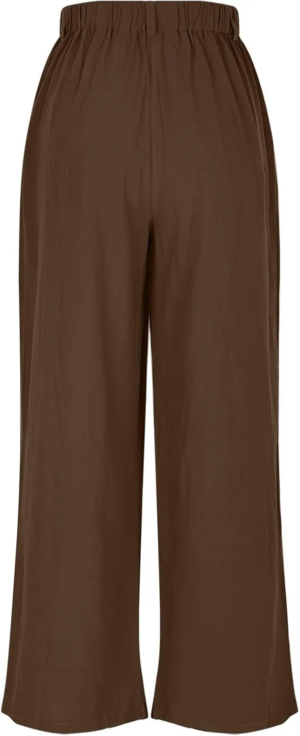 Women Work Pants Elastic High Waist Straight Leg Cotton Linen Pant Business Casual Dressy Trousers Slacks with Pocket