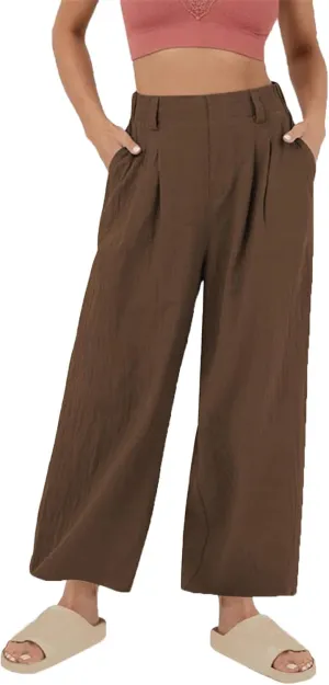 Women Work Pants Elastic High Waist Straight Leg Cotton Linen Pant Business Casual Dressy Trousers Slacks with Pocket