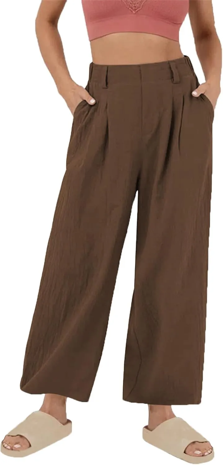 Women Work Pants Elastic High Waist Straight Leg Cotton Linen Pant Business Casual Dressy Trousers Slacks with Pocket