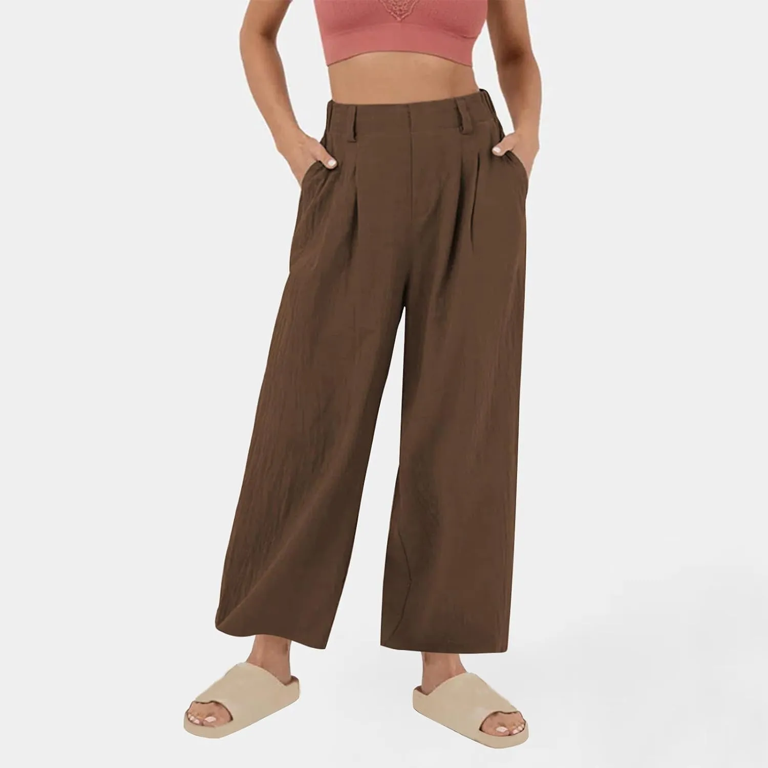 Women Work Pants Elastic High Waist Straight Leg Cotton Linen Pant Business Casual Dressy Trousers Slacks with Pocket