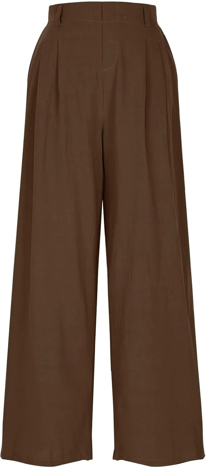 Women Work Pants Elastic High Waist Straight Leg Cotton Linen Pant Business Casual Dressy Trousers Slacks with Pocket