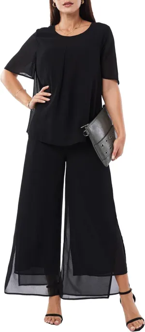 Women's 2 Piece Chiffon Sets Outfits Flowy Ruffle Layers Casual Dressy Wedding Guest Pant Suits